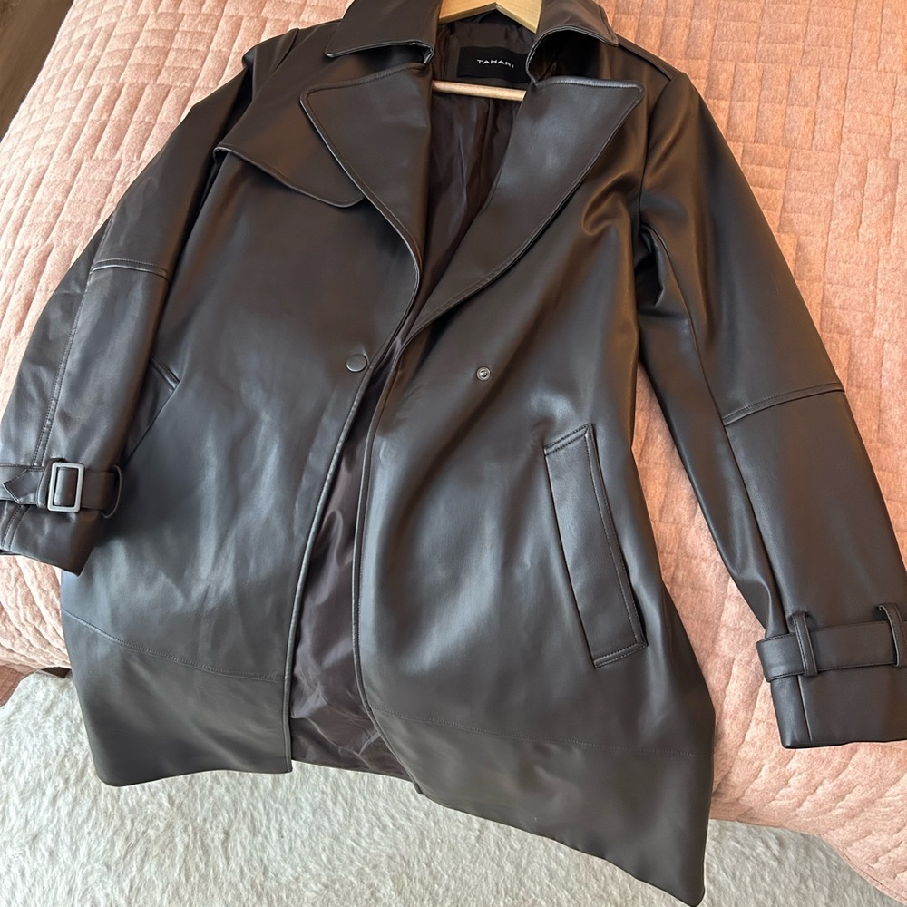Tahari Dark Brown Leather Trench Coat